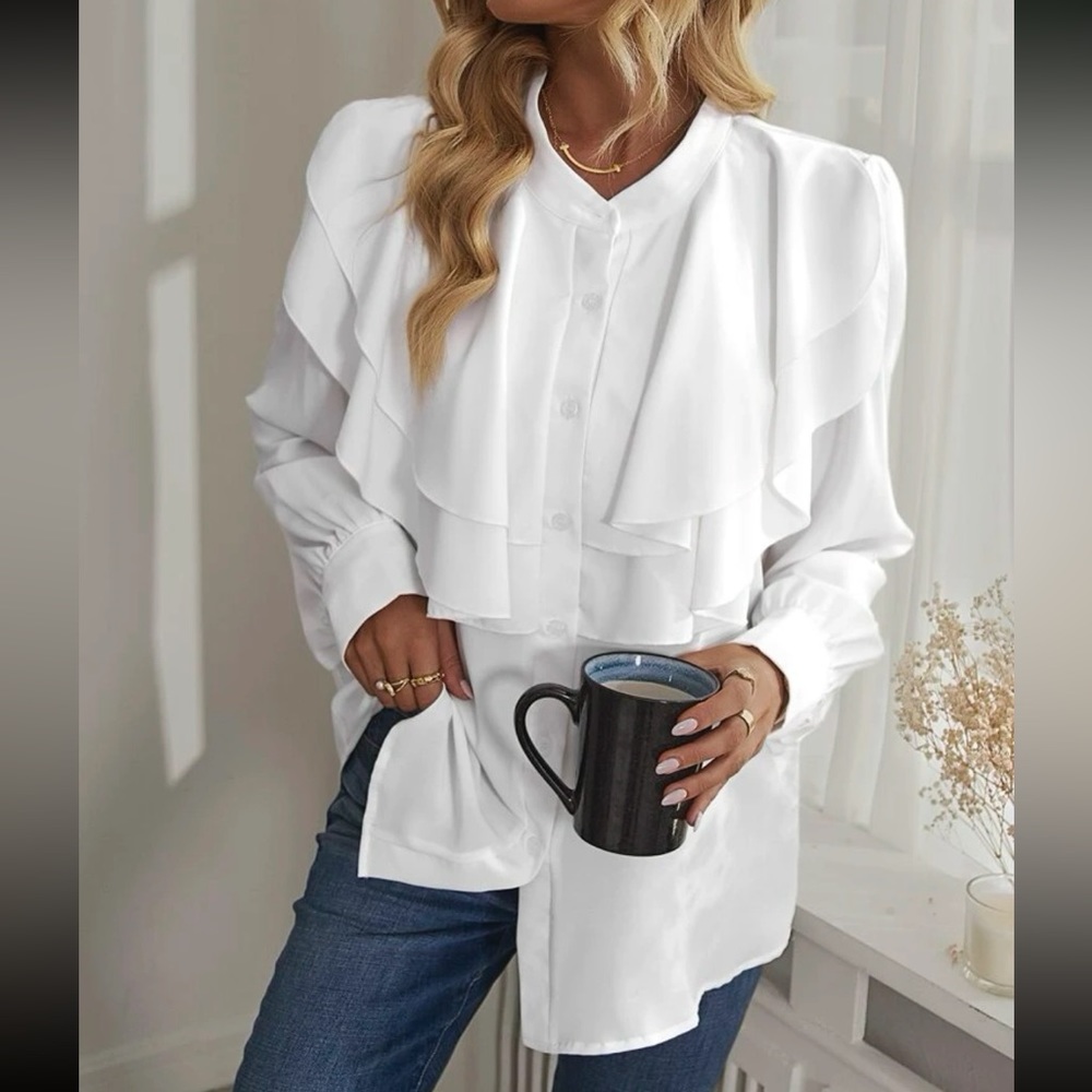 Luxe Ruffle Flounce Sleeve Button down Blouse - Picture 4 of 5